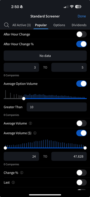The Standard Screener Additional Parameters on the iPhone